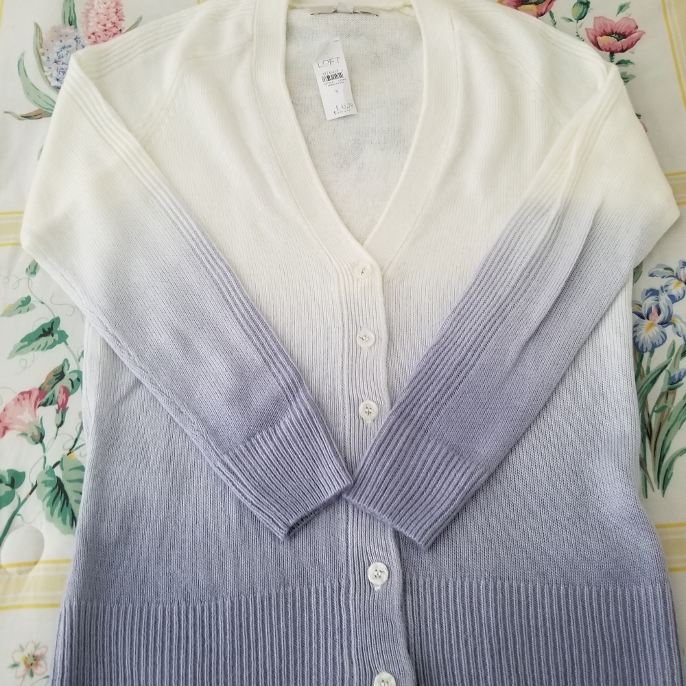 NWT Ann Taylor Loft Long-sleeve Blue & Cream Button front Cardigan Sweater.